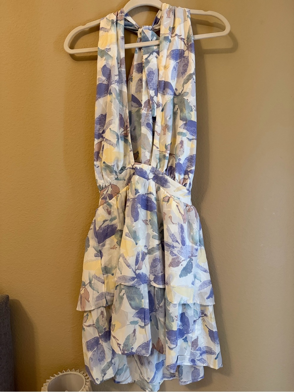New Plant Print Crisscross Backless Knot Front Layered Hem Dress